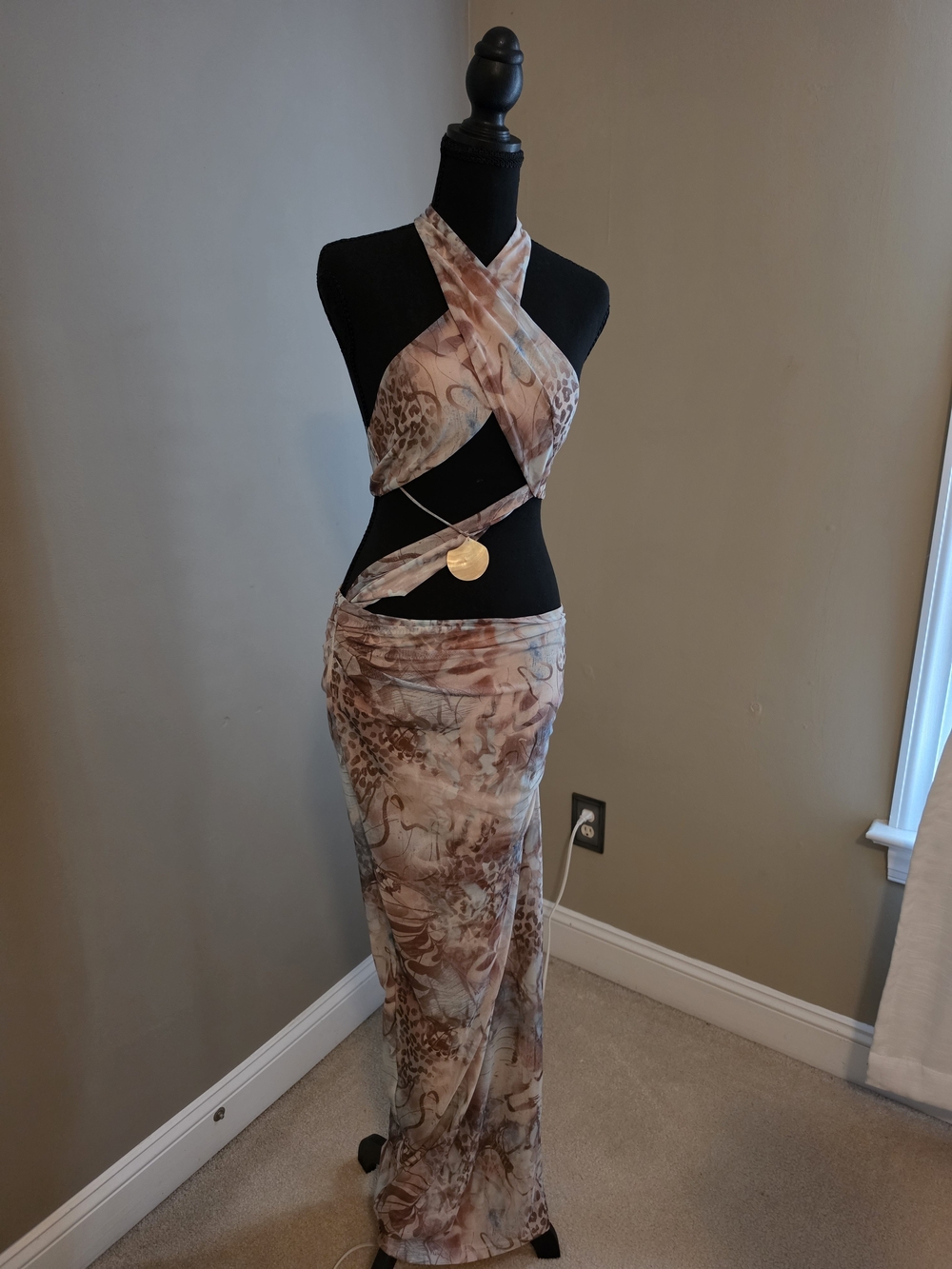 Women's Beige Multi-Print Crisscross Halter Maxi Dress Worn Once